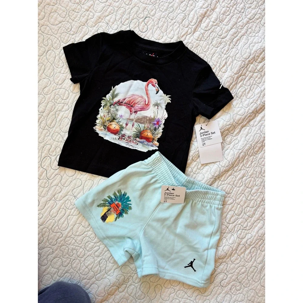 Jordan Toddler Boys 2-Piece Set Black Flamingo Graphic Tee‎ Blue Shorts 2T